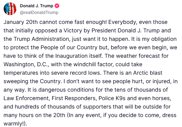 星辉娱乐官方：40年来首次！特朗普就职典礼将因严寒天气改为室内举行